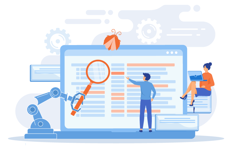 Illustration of software team monitoring computers